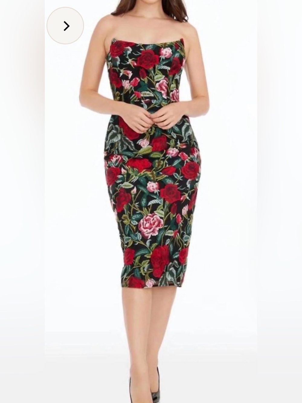 Dress the Population Strapless Floral Pencil Dress in Black and Red
